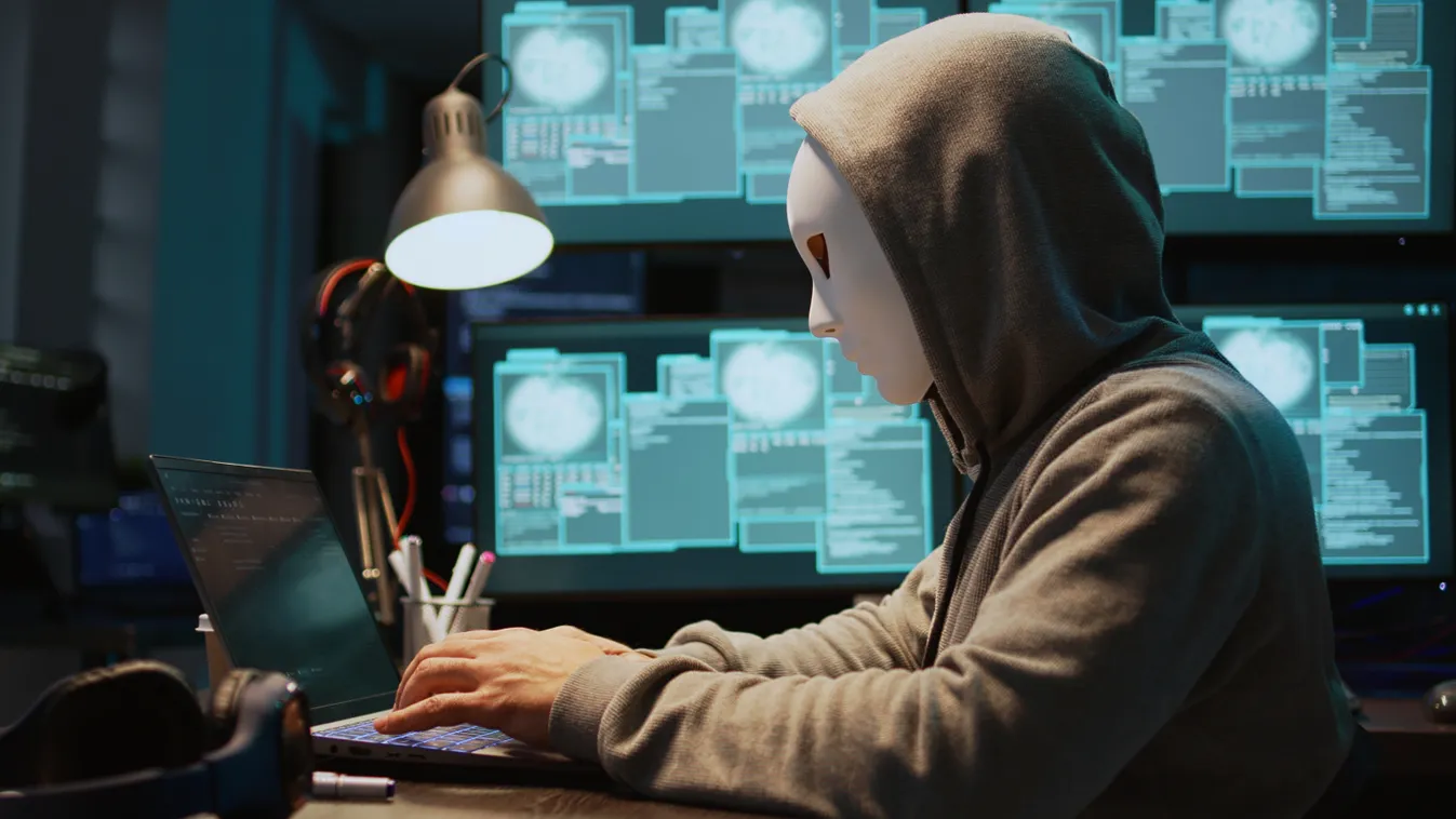 Internetes csaló maszkban ül a gép előtt.