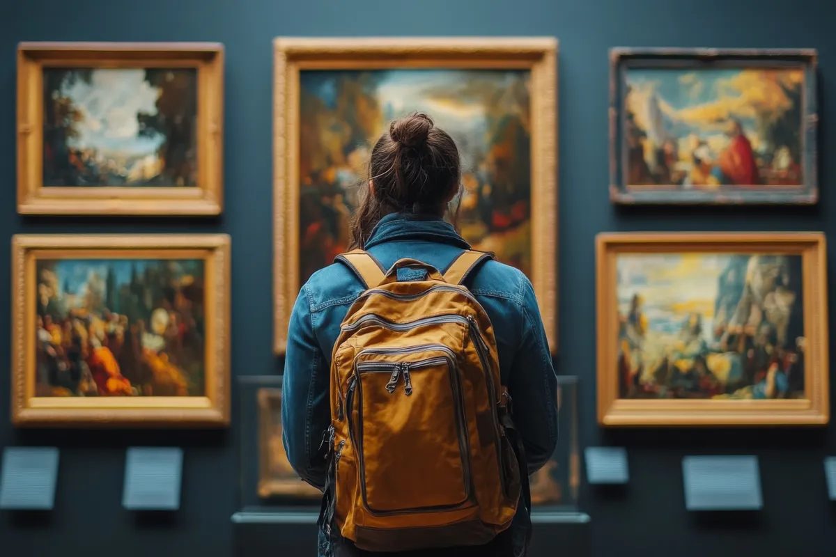 Egy múzeumban festményeket néz egy nő, hogy ki tudja tölteni később a művészettörténeti kvízeket. 