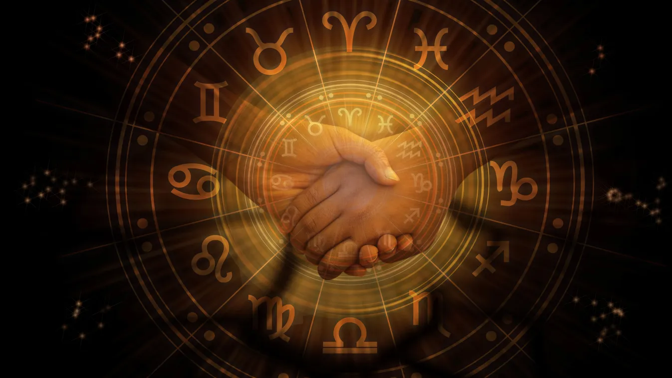 Horoszkópban szereplő zodiákus kör, közepén két egymásba kapaszkodó kézzel