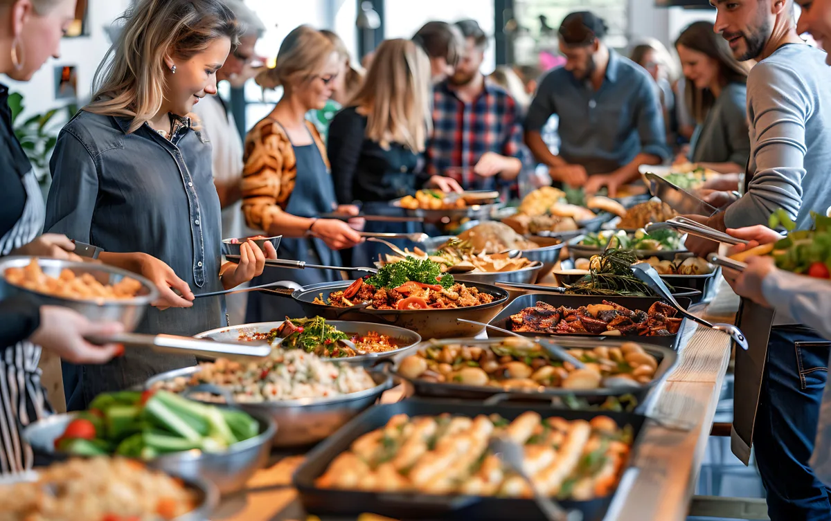 Svédasztalos ételpult nemzeti ételekkel a gasztrokvízben.