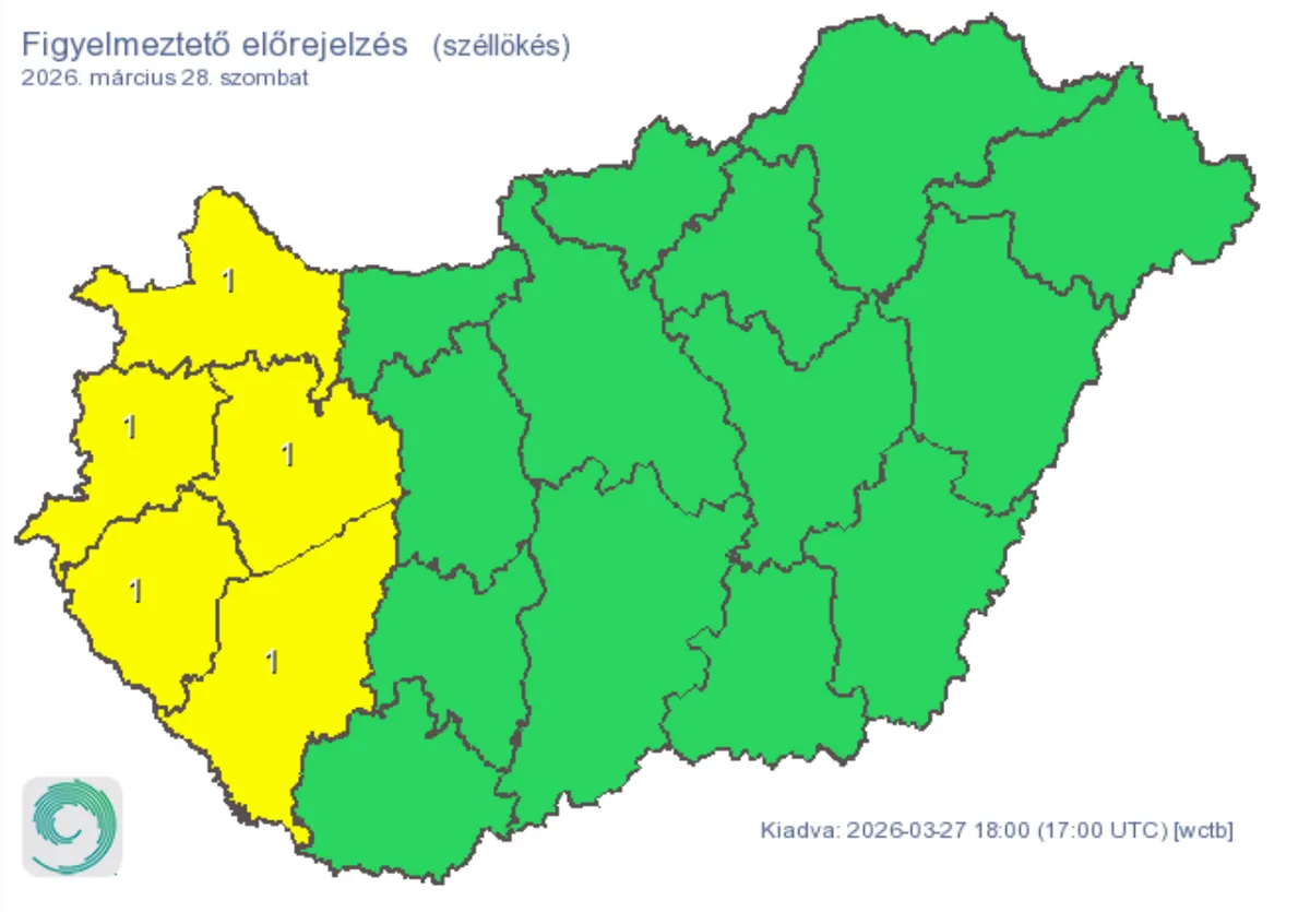 Egész hétvégére citromsárga veszélyjelzés Győr-Moson-Sopron, Vas, Veszprém, Zala és Somogy vármegyékben