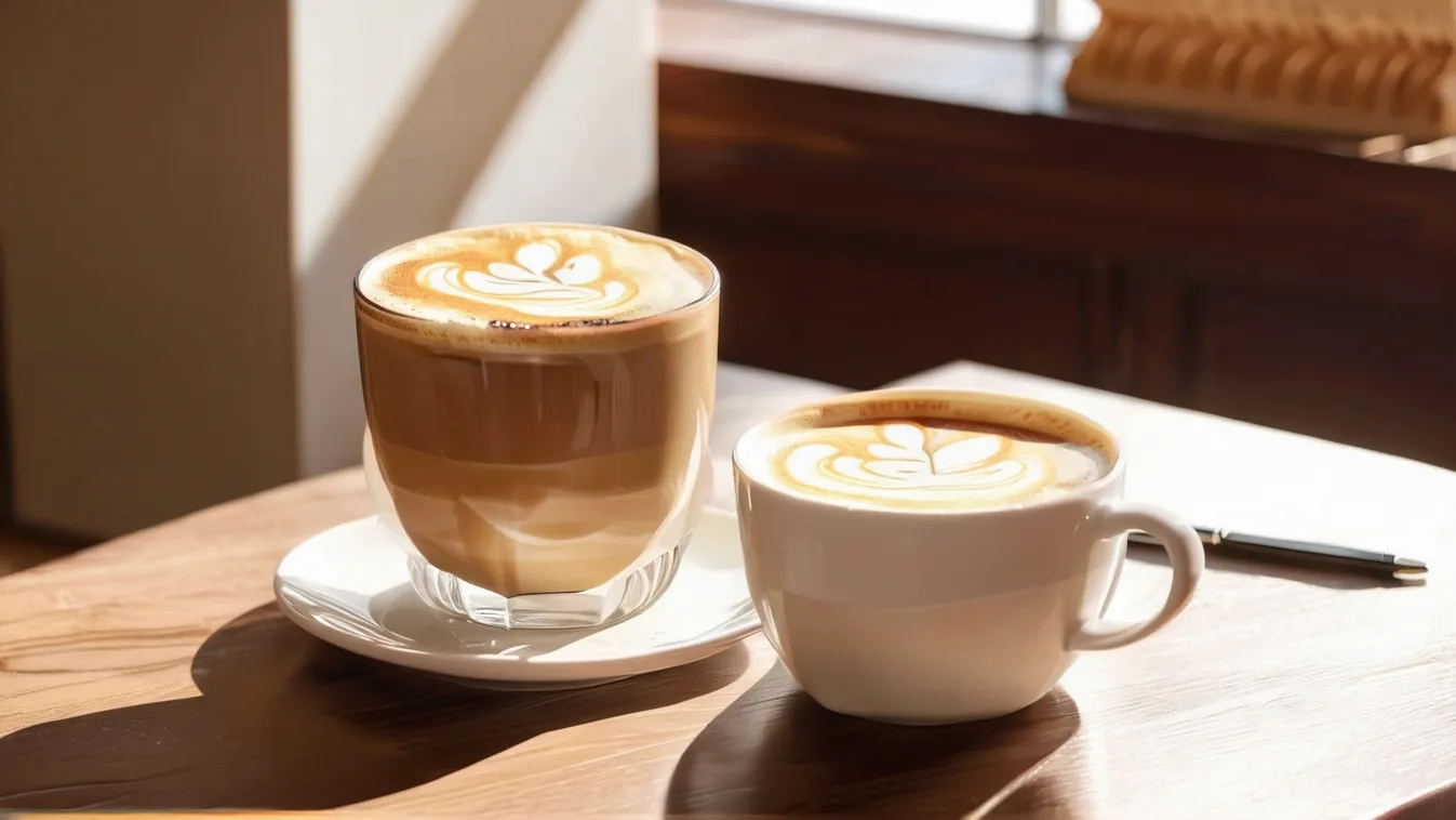 Személyiségtesztben szereplő kép egy pohár lattéról és egy csésze cappucinóról egy ablak melletti faasztalon