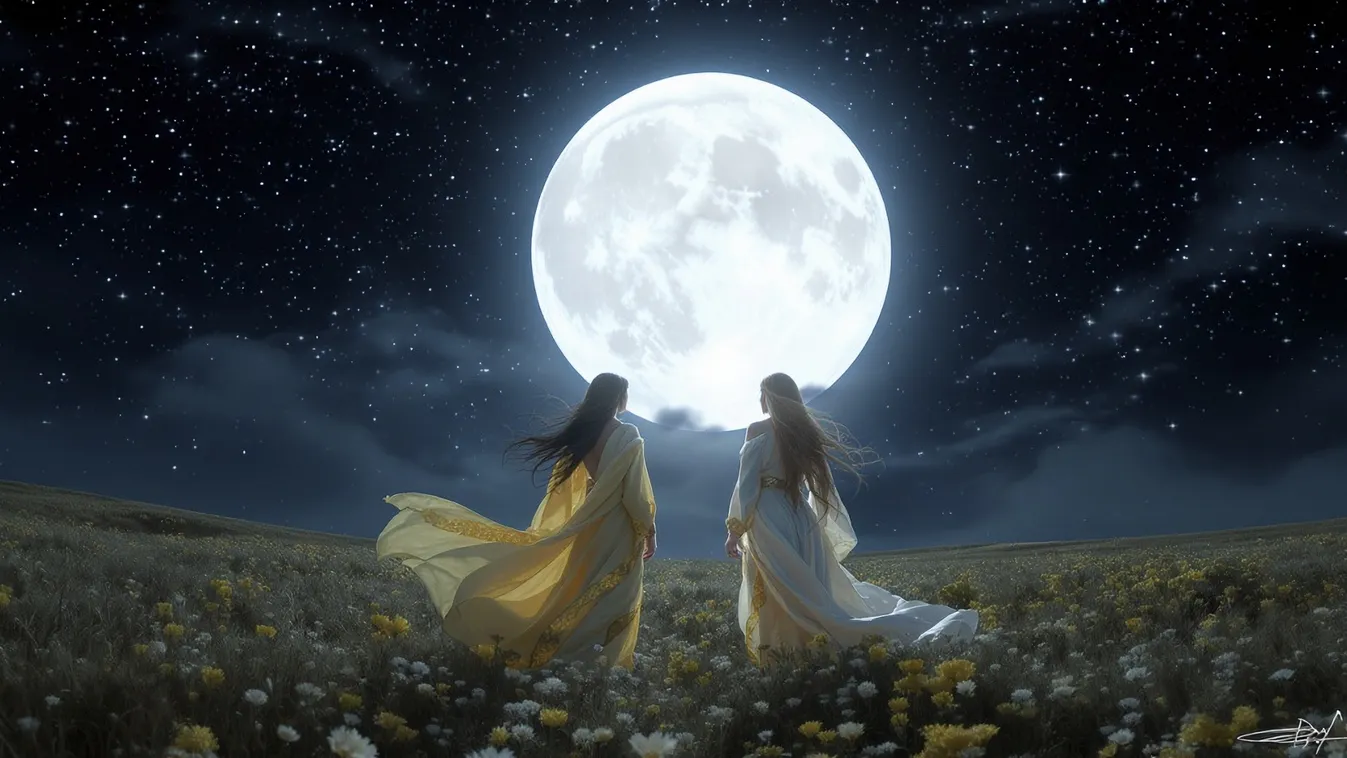 Holdtöltekor két istennő sétál a mezőn a személyiségtezstben.