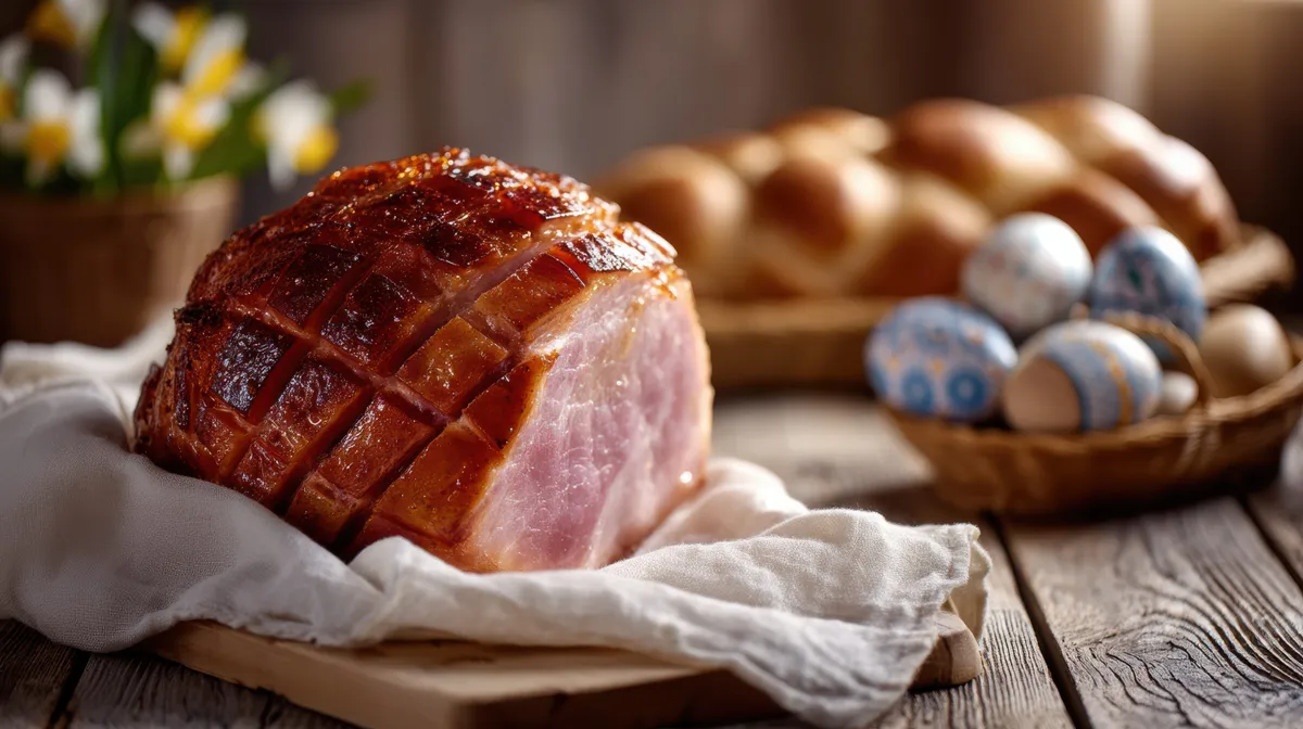 Húsvéti sonka az ünnepi asztalon tálalva.
