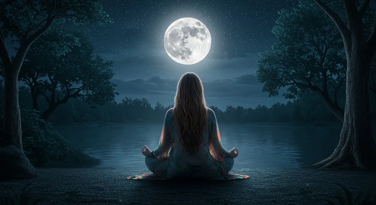 Holdfényben meditál egy nő a tóparton. 