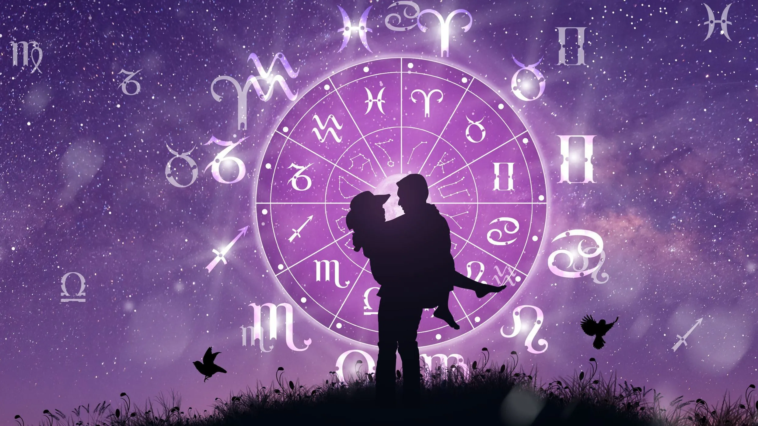 Horoszkópban használt zodiákus kör egy fiatal szerelmes pár sziluettjével