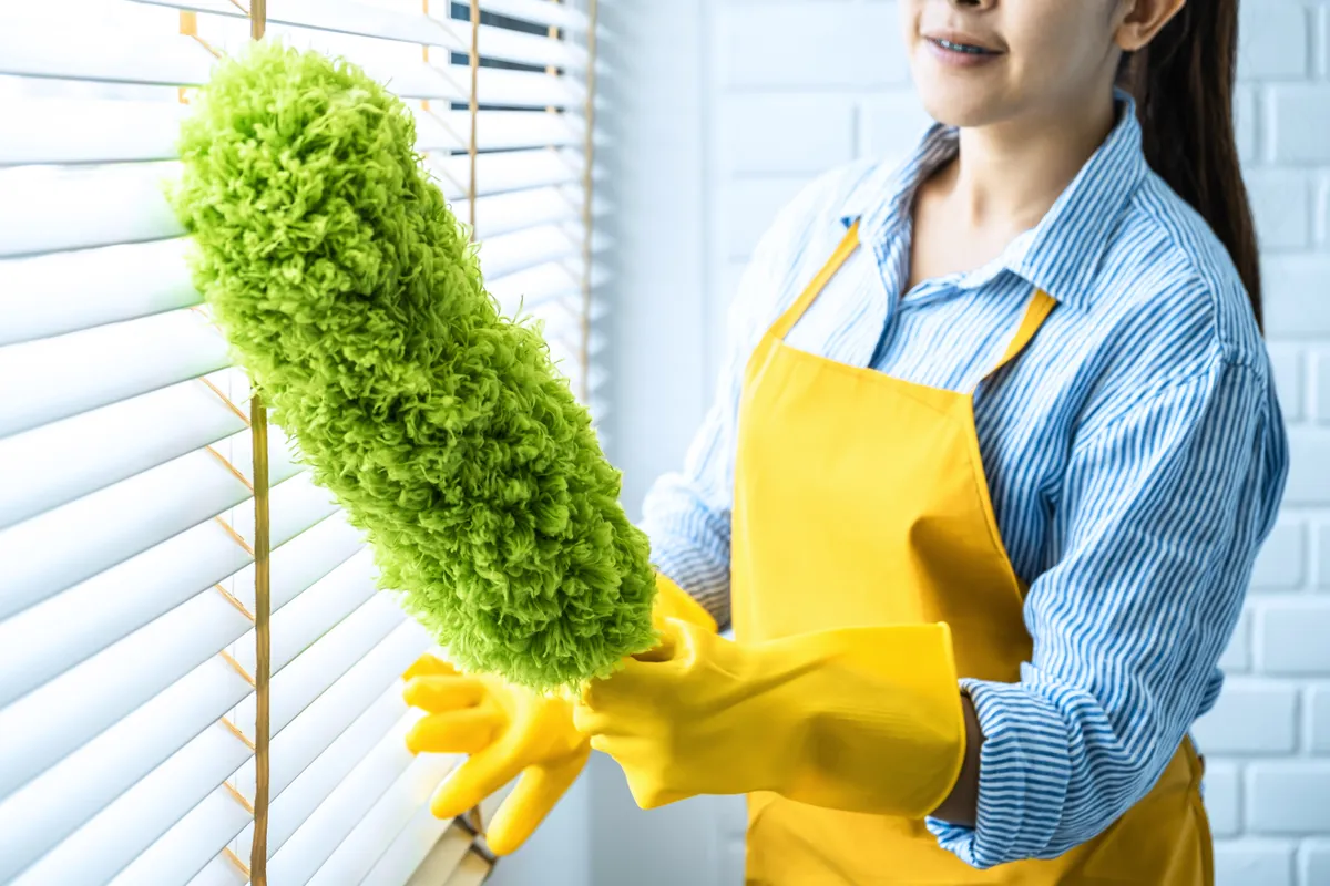 Port törlő nő tisztítja a redőnyt a tavaszi nagytakarítás alkalmával.