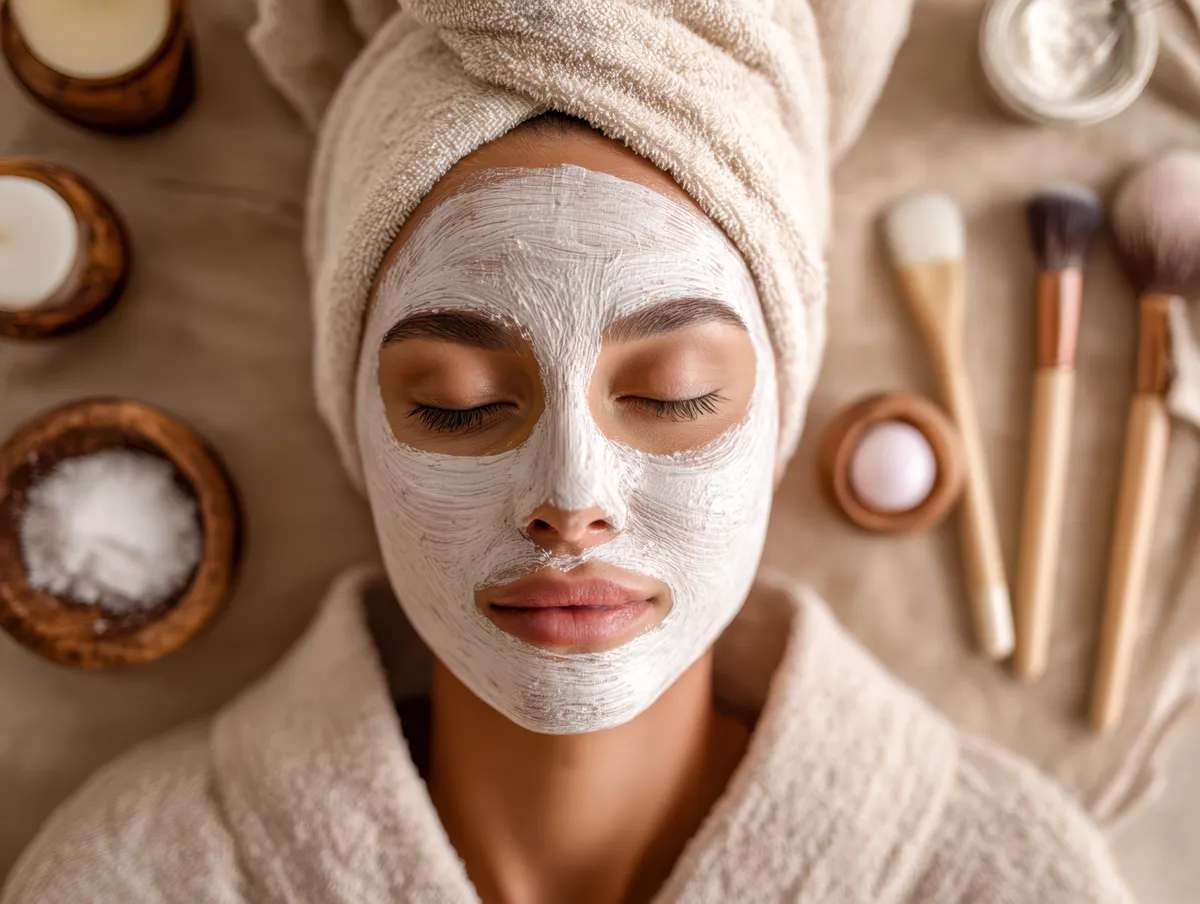 A tavaszi glow up jegyében egy nő arcpakolással pihen, miközben relaxáló otthoni szépségápolási rutint végez
