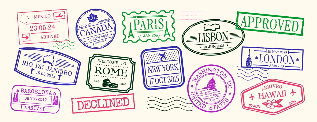 Különböző országok útlevél pecsétjei.