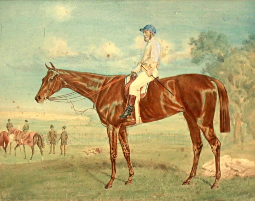 Kincsem, a magyar csodaló, zsokéjával Michael Maddennel egy festményen.