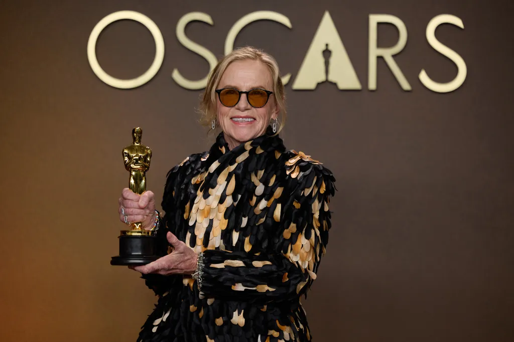 Amy Madigan poses backstage during the live 98th Oscars at the Dolby Theatre at Ovation Hollywood in Los Angeles.