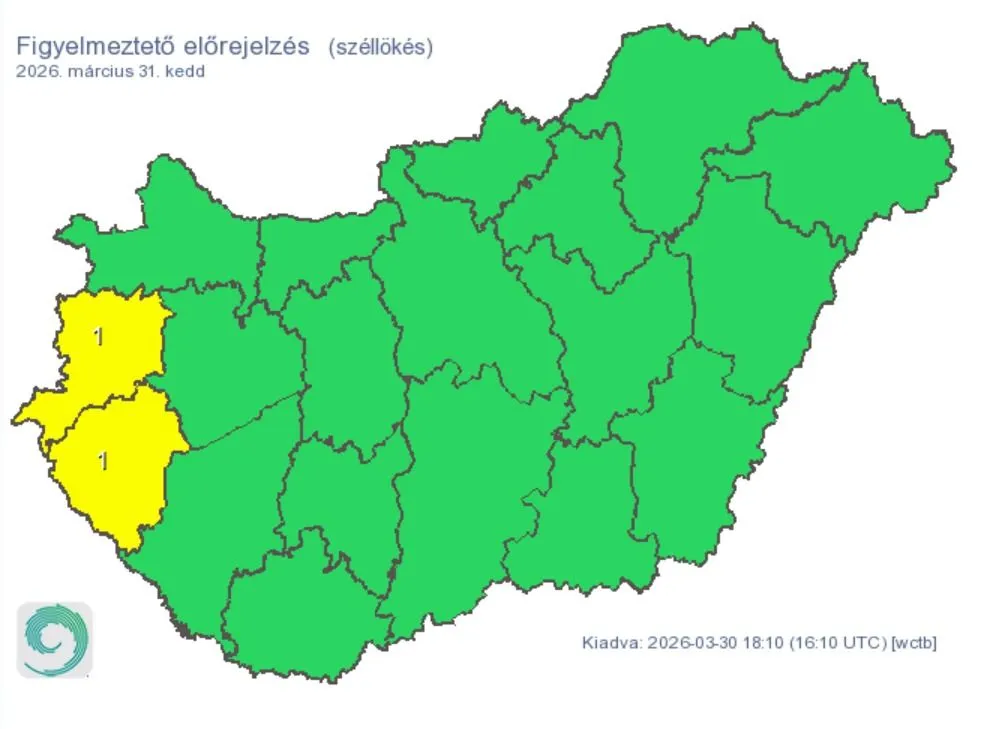 Az erős széllökések miatt adtak ki figyelmeztetést két vármegyére.