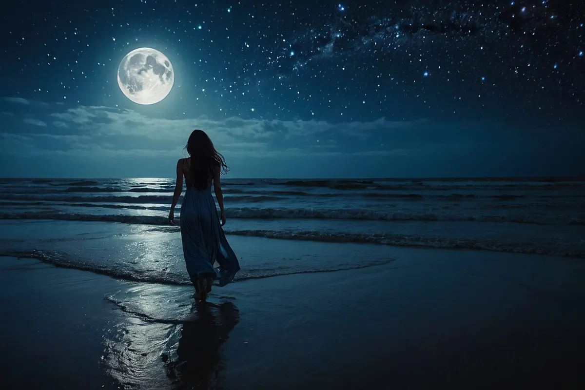 Teliholdkor a tengerparton sétáló nő a személyiségtesztben.