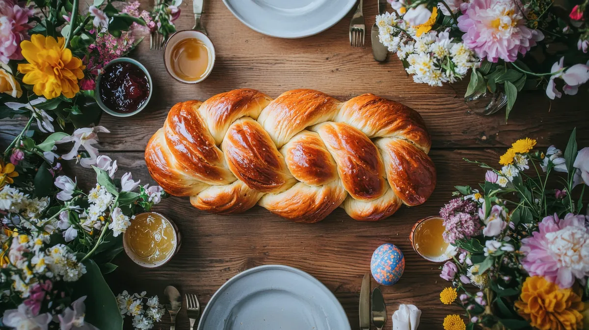 A legjobb húsvéti fonott kalács recept alapján készült kalács egy virágos ünnepi asztalon.