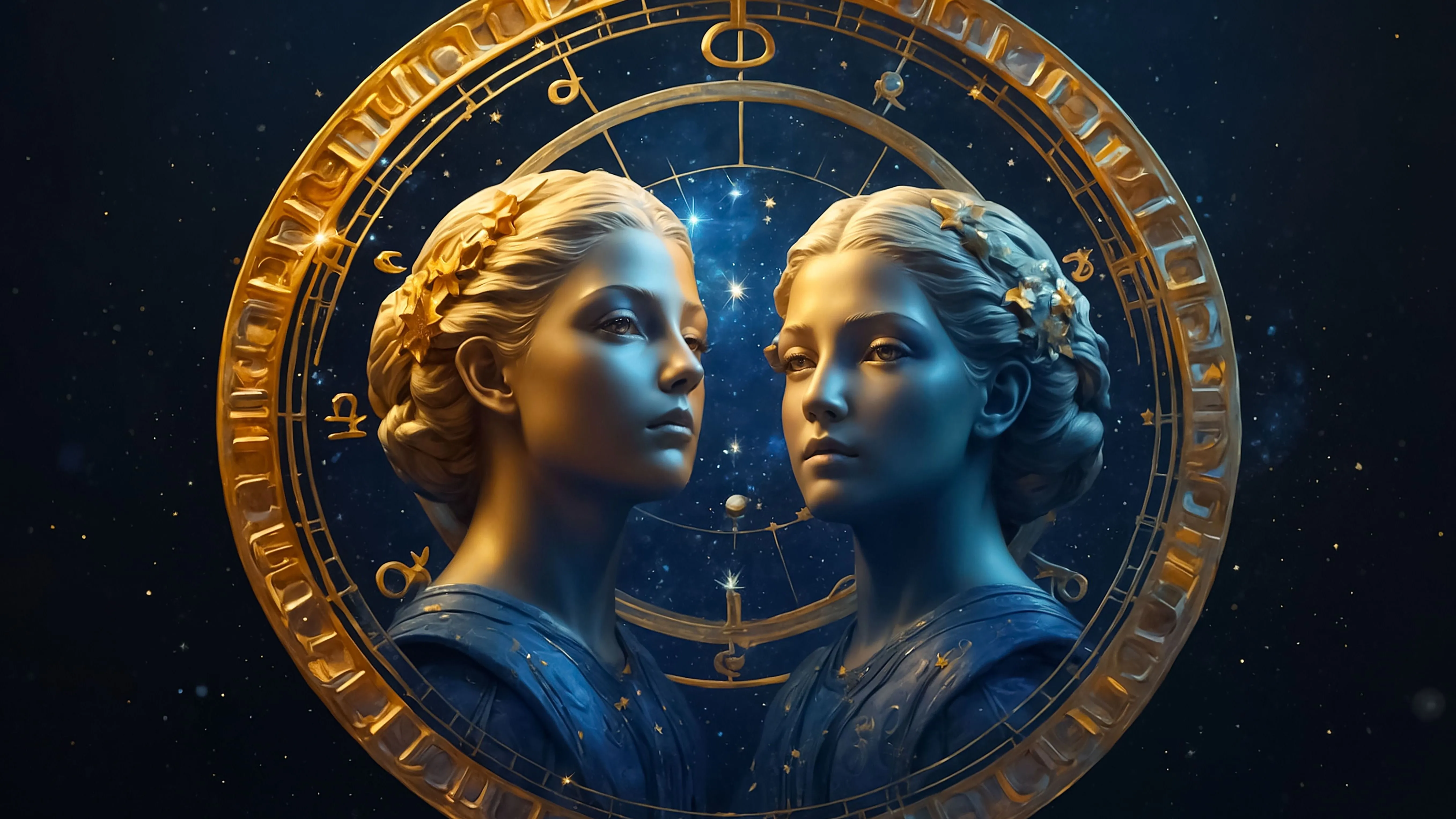 Két női fejszobor egy horoszkópban használt zodiákus kör előtt