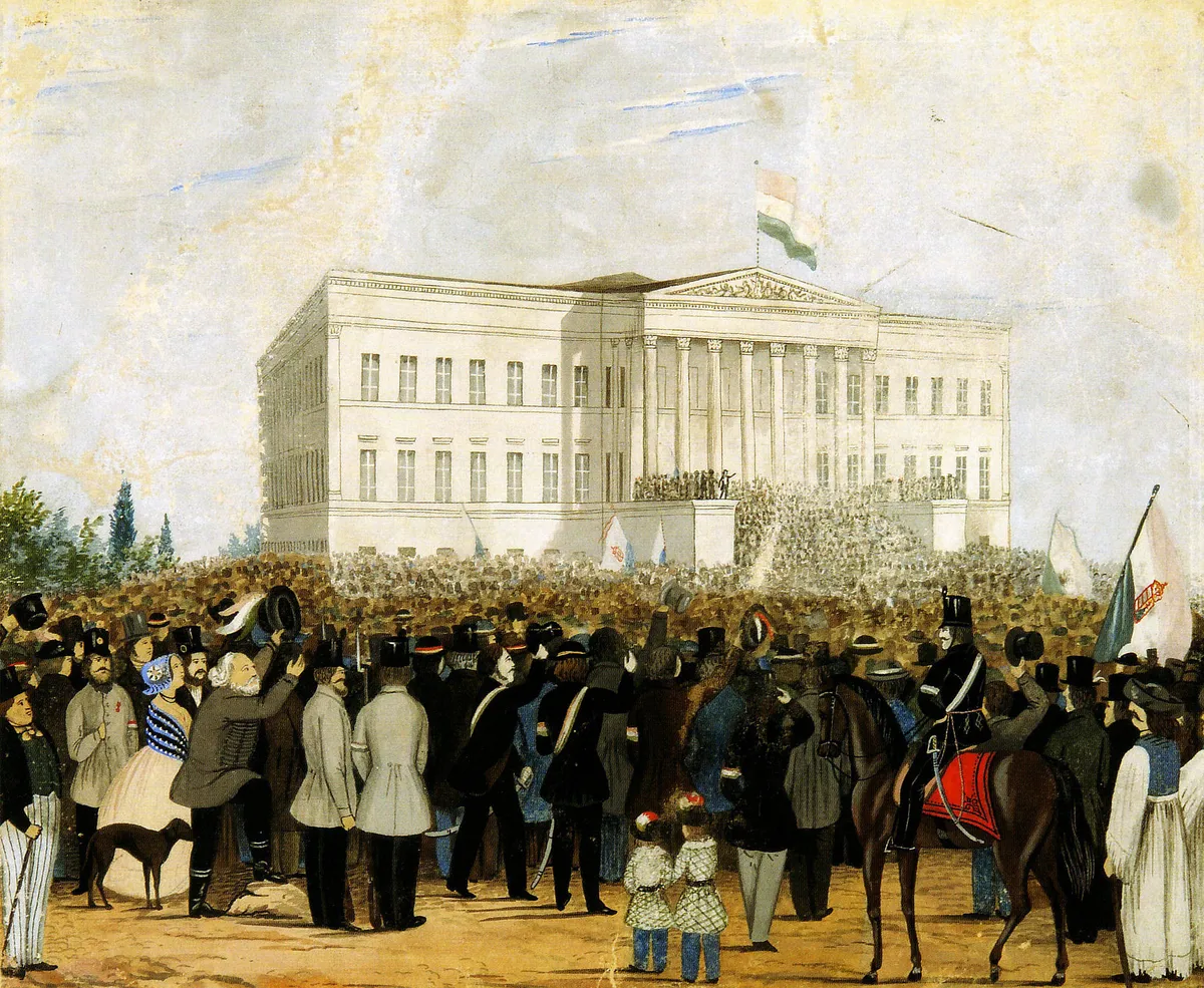 Forradalmi tömeg a Nemzeti Múzeumnál 1848. március 15-én egy korabeli festményen..