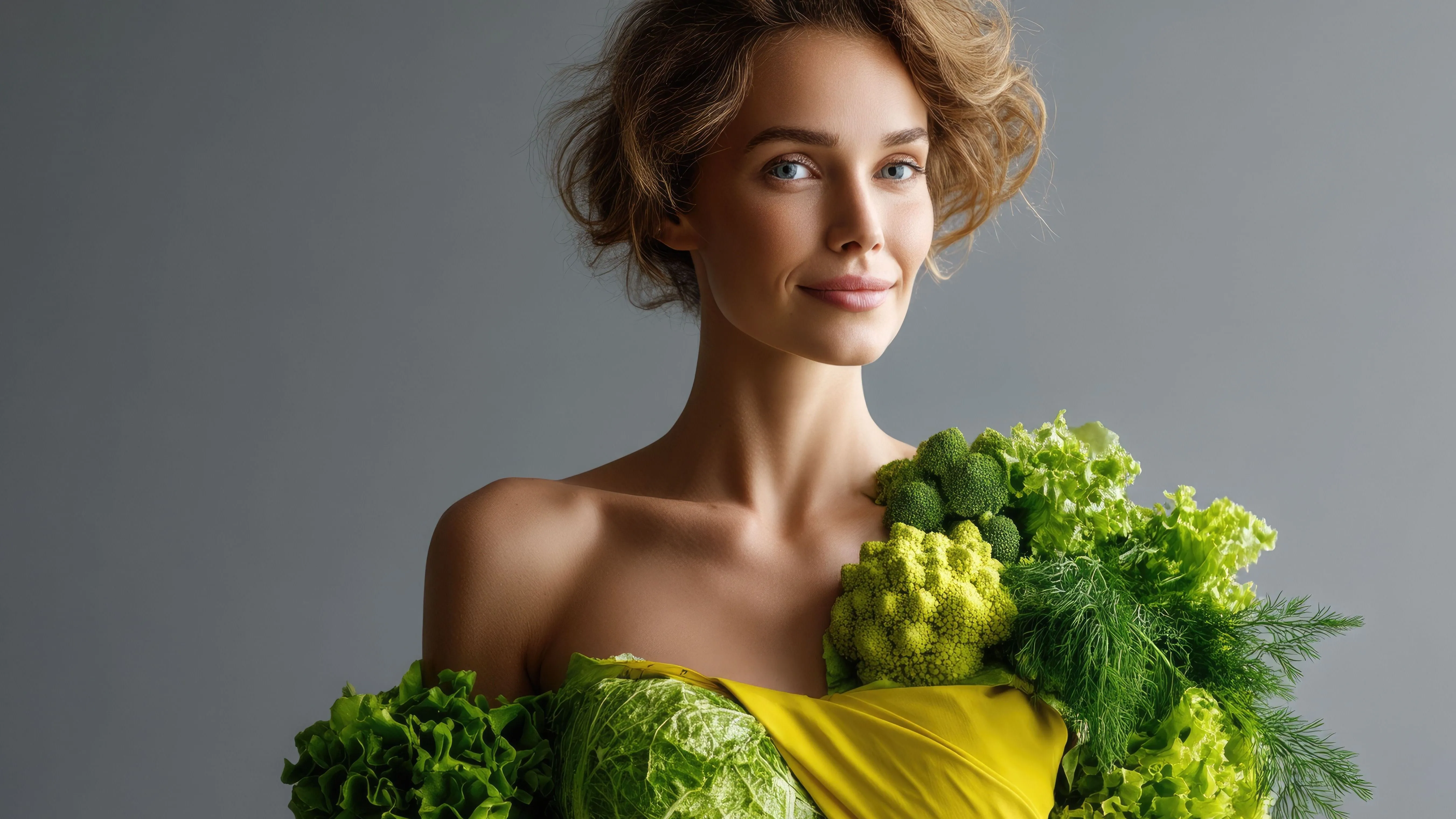 Tavaszi méregtelenítés fontosságát zöldségruhával reprezentáló szőke nő