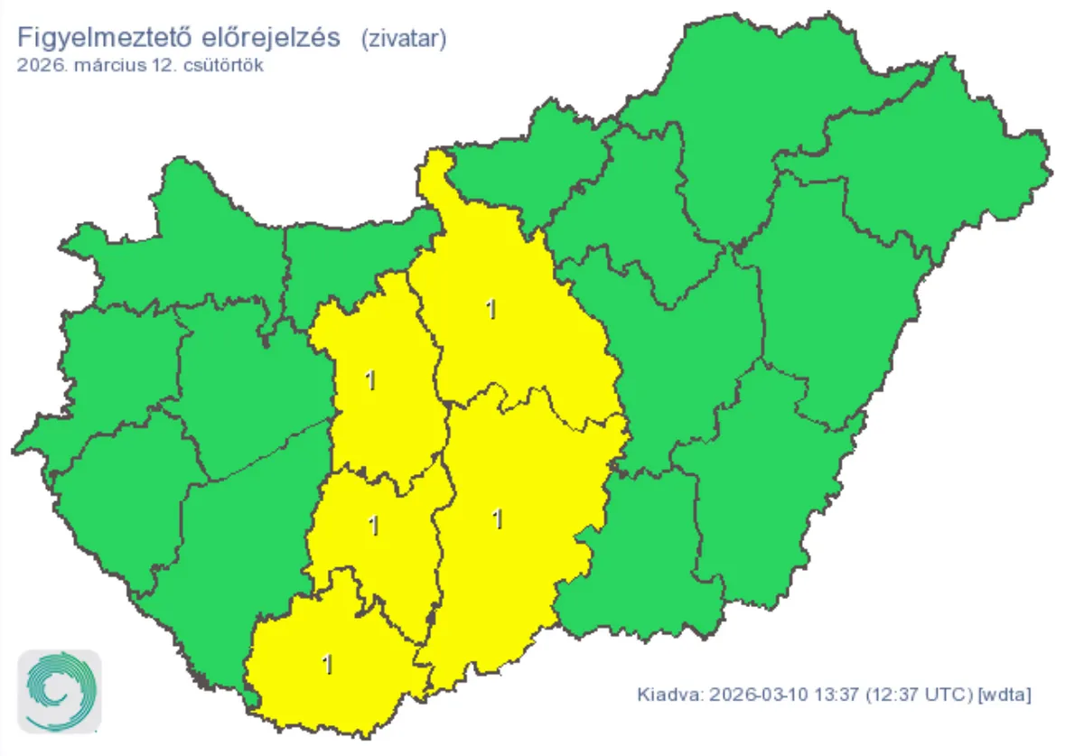 Csütörtökre Pest, Fejér, Bács-Kiskun, Tolna és Baranya vármegyékre citromsárga veszélyjelzést adtak ki zivatarok miatt