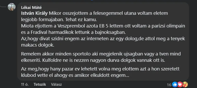 Lékai Máté egy hosszabb üzenetet is megfogalmazott