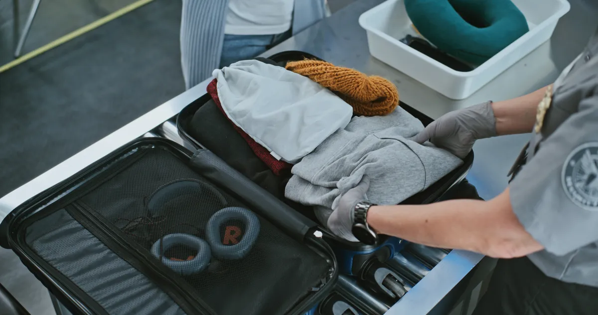 Kinyitott bőrönd a repülőtéri biztonsági ellenőrzés során.