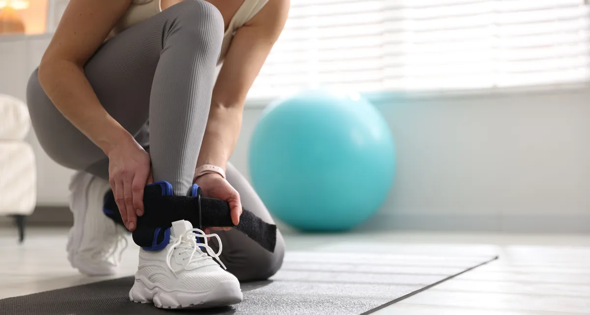 Otthoni edzést végző nő bokasúllyal a lábán.