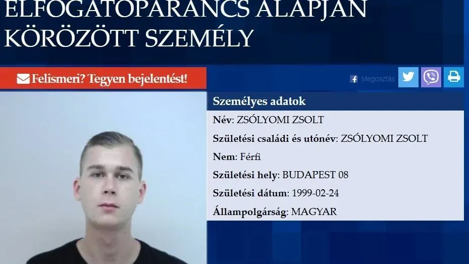 Zsólyomi  Zsolt magyarországi körözési adatlapja.