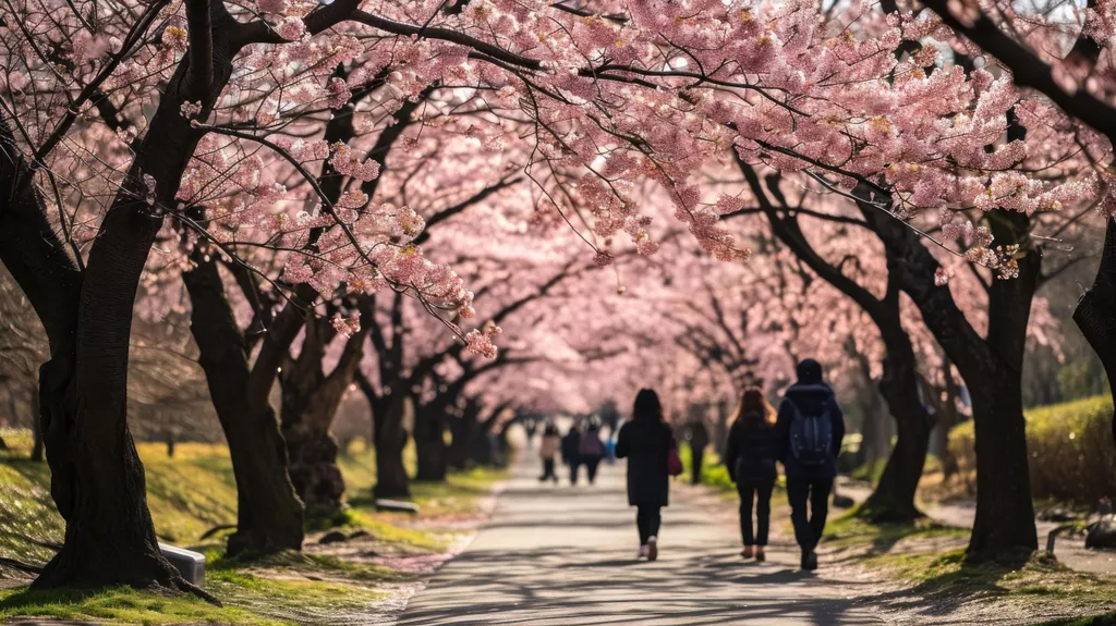People walking along a path lined with beautiful pink cherry blossom trees. Serene spring scene.