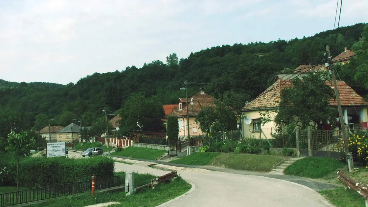 A csendes Pilisszentlélek főutcája családi házakkal, a háttérben erdővel. 