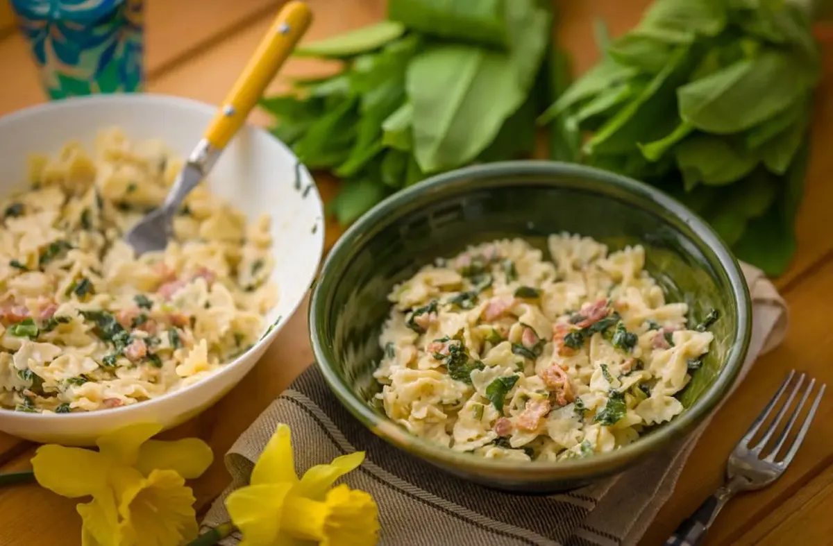 Medvehagymás receptek: a medvehagymás-baconös farfalle.