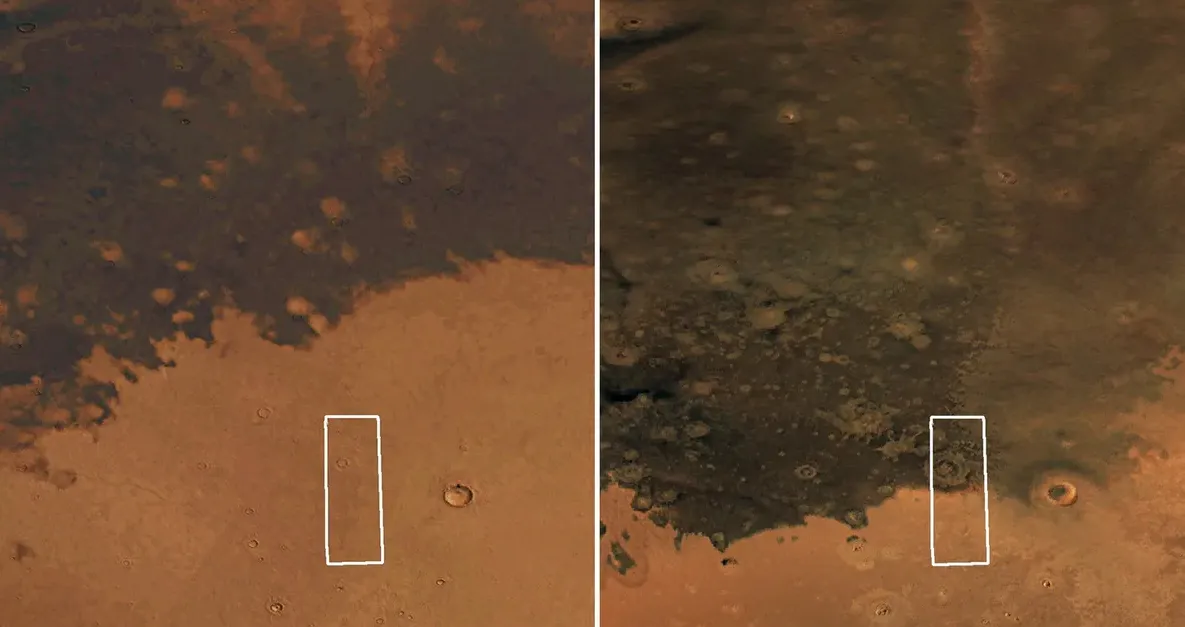 A fekete folt mérete a Mars bolygón régen és ma.