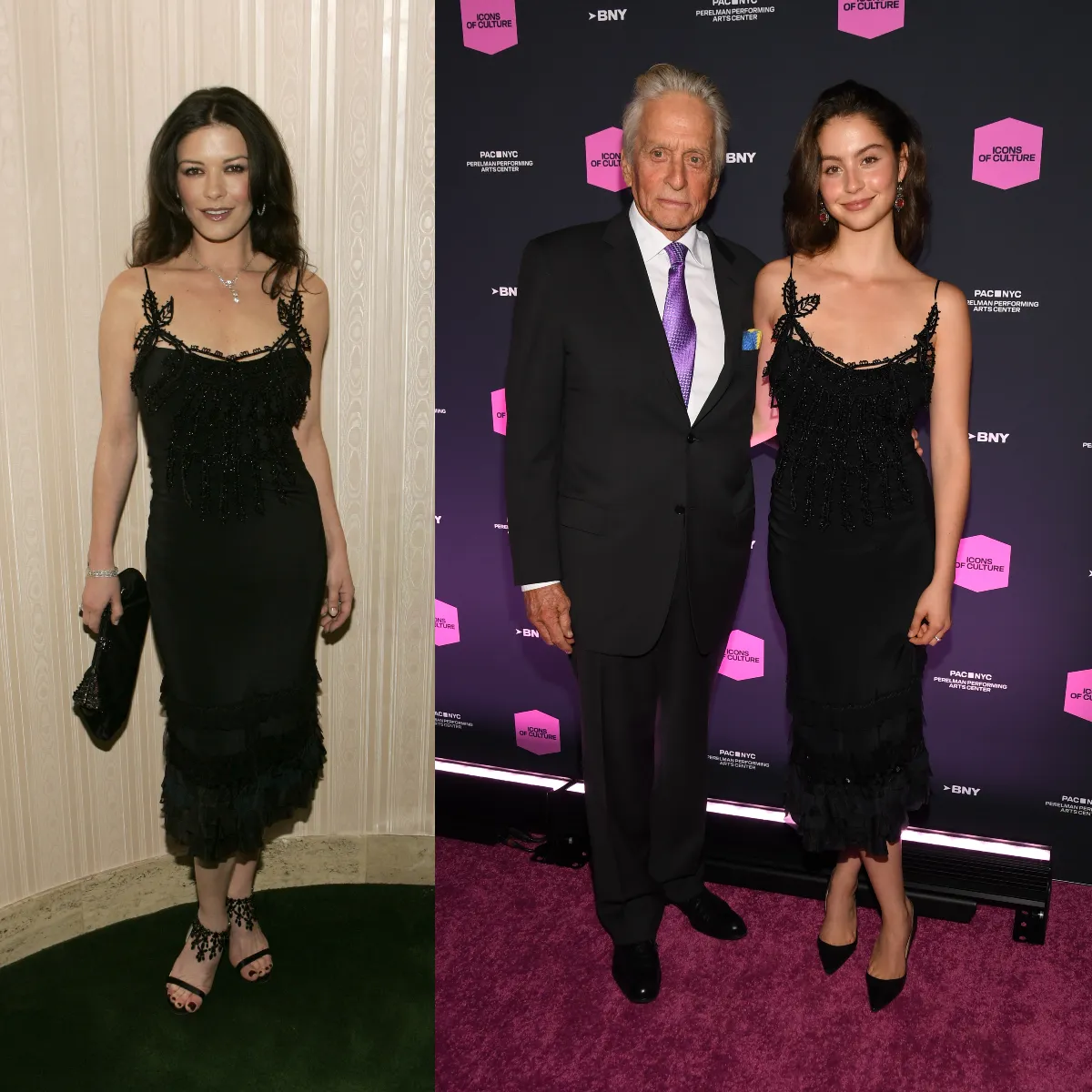 Catherine Zeta-Jones, valamint Michael Douglas és Catherine Zeta-Jones-szal közös lánya, Carys Douglas az édesanyja egy régi ruhájában