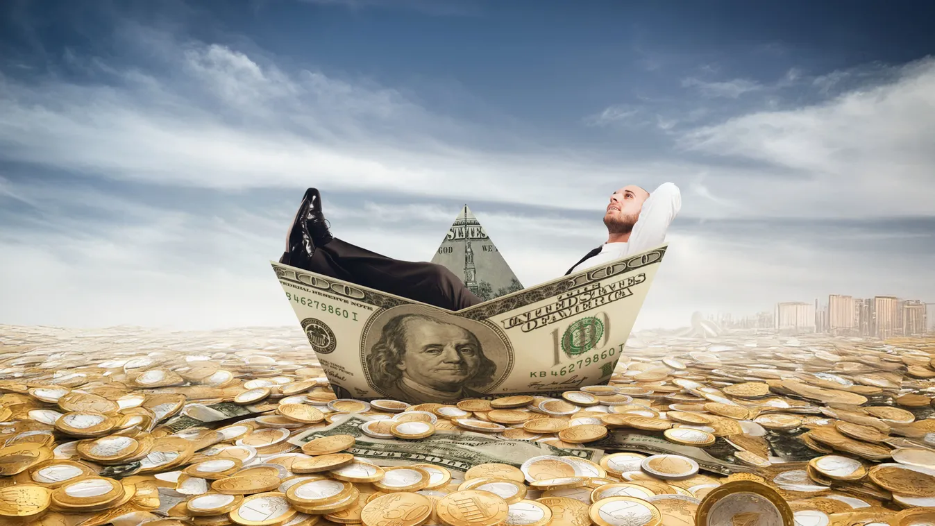 Pénzcsónakban pénztengeren  hánykódó sikeres üzletember illusztrációja