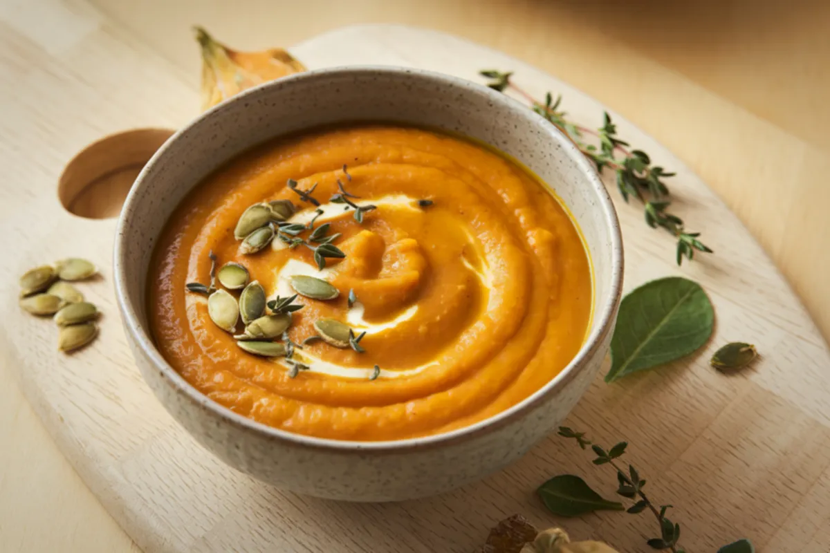 Vegetáriánus ételek közül egy tál sütőtökös vega húsleves.