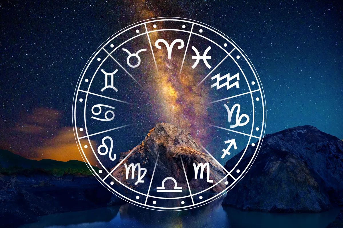 Zodiac signs inside of horoscope circle. Astrology in the sky with many stars and moons  astrology and horoscopes concept