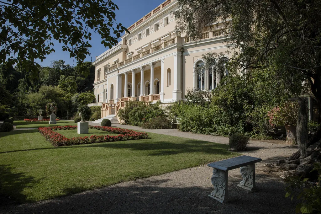 Marble urns and benches decorate the lawn in private gardens at the Villa Les Cedres, a 187-year-old, 18,000-square-foot, 14-bedroom mansion set on 35 acres, in Saint-Jean-Cap-Ferrat, France, on Tuesday, Sept. 26, 2017. With a list price of €350 million (