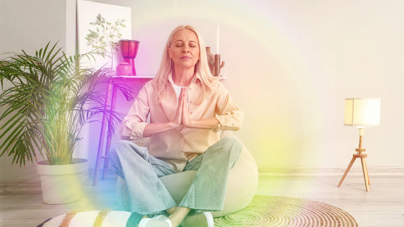 Meditáló érett nő a személyiségtezstben.