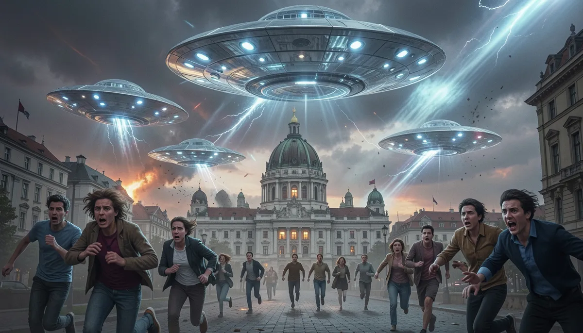 Ufóinvázió illusztrációja menekülő emberekkel és támadó csészealjakkal