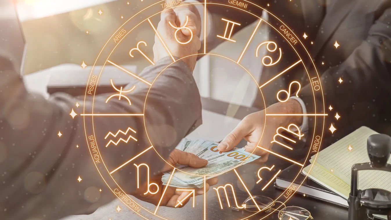 Egy pénzügyi üzletet kötő csillagjegy a horoszkópban használt zodiákus kör mögött.