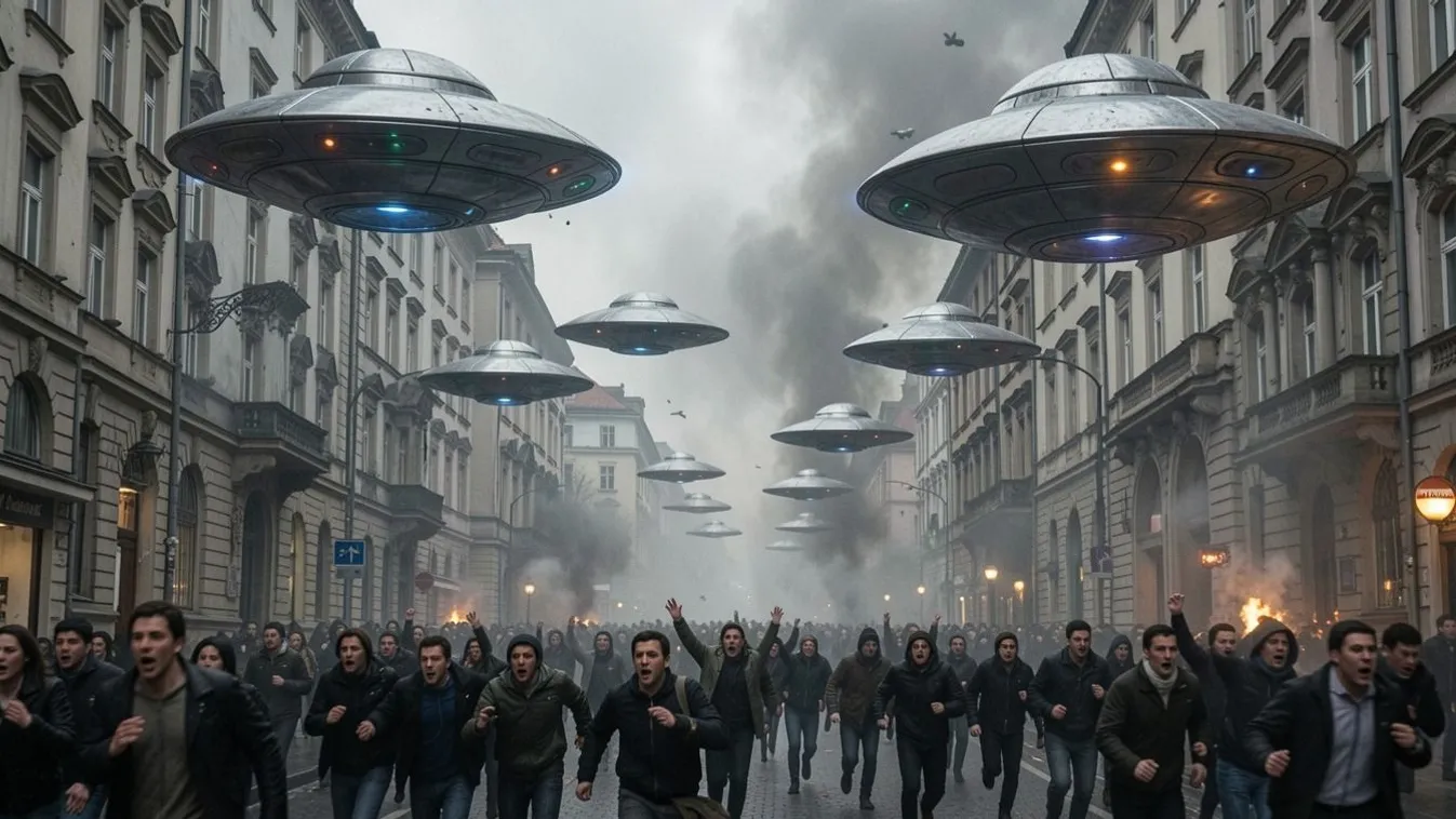 Ufóinvázió illusztráció repülő csészealjakkal és menekülő emberekkel