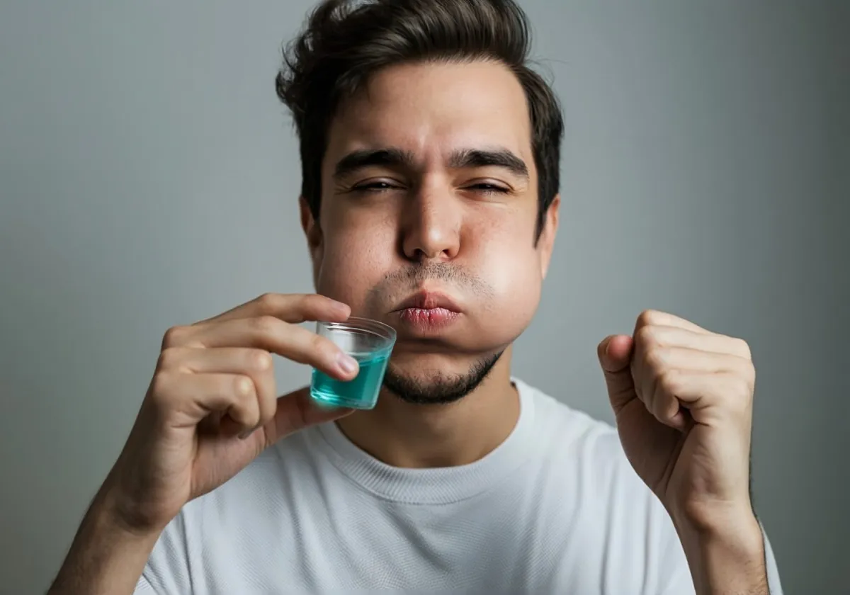 Szájvízzel öblögető férfi