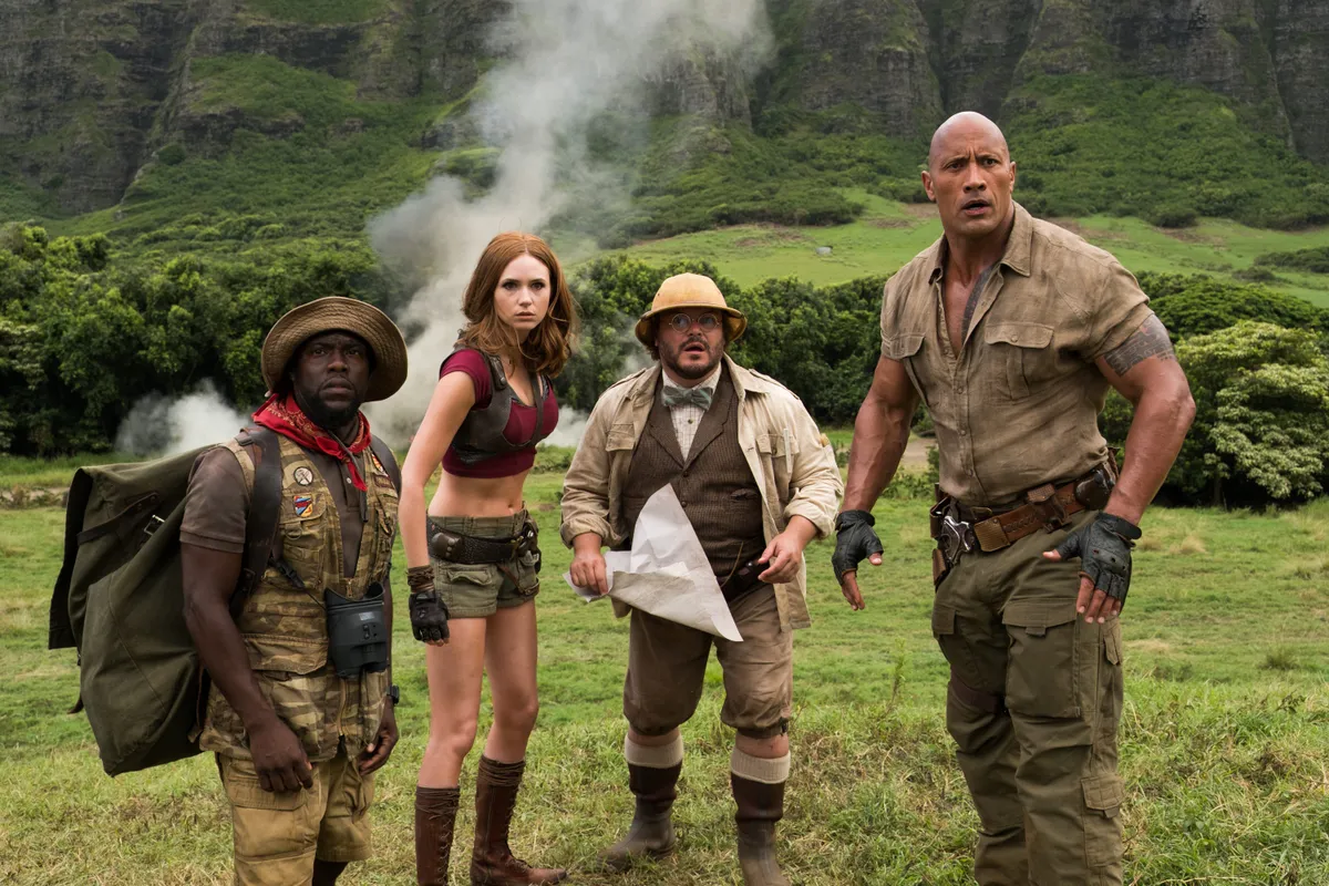 Jack Black, Kevin Hart és Dwayne Johnson, a Jumanji főszereplői,
