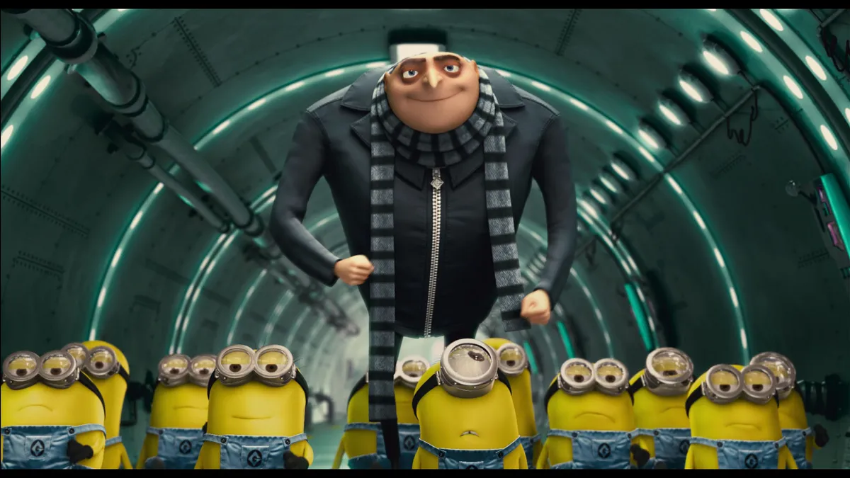 A Gru című film egy jelenete Gruval és a Minyonokkal.