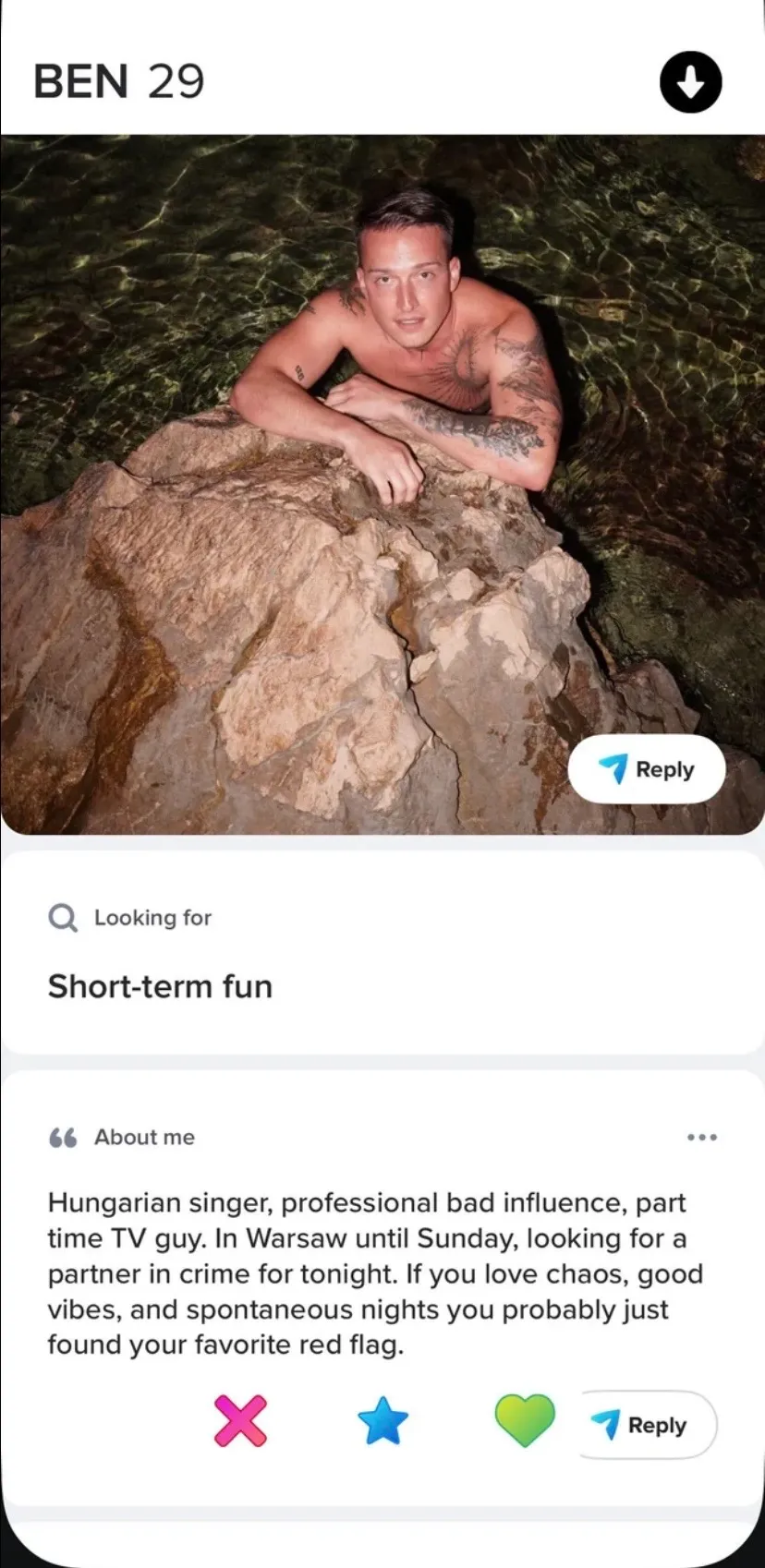 Mészáros Bende Tinder profilja.