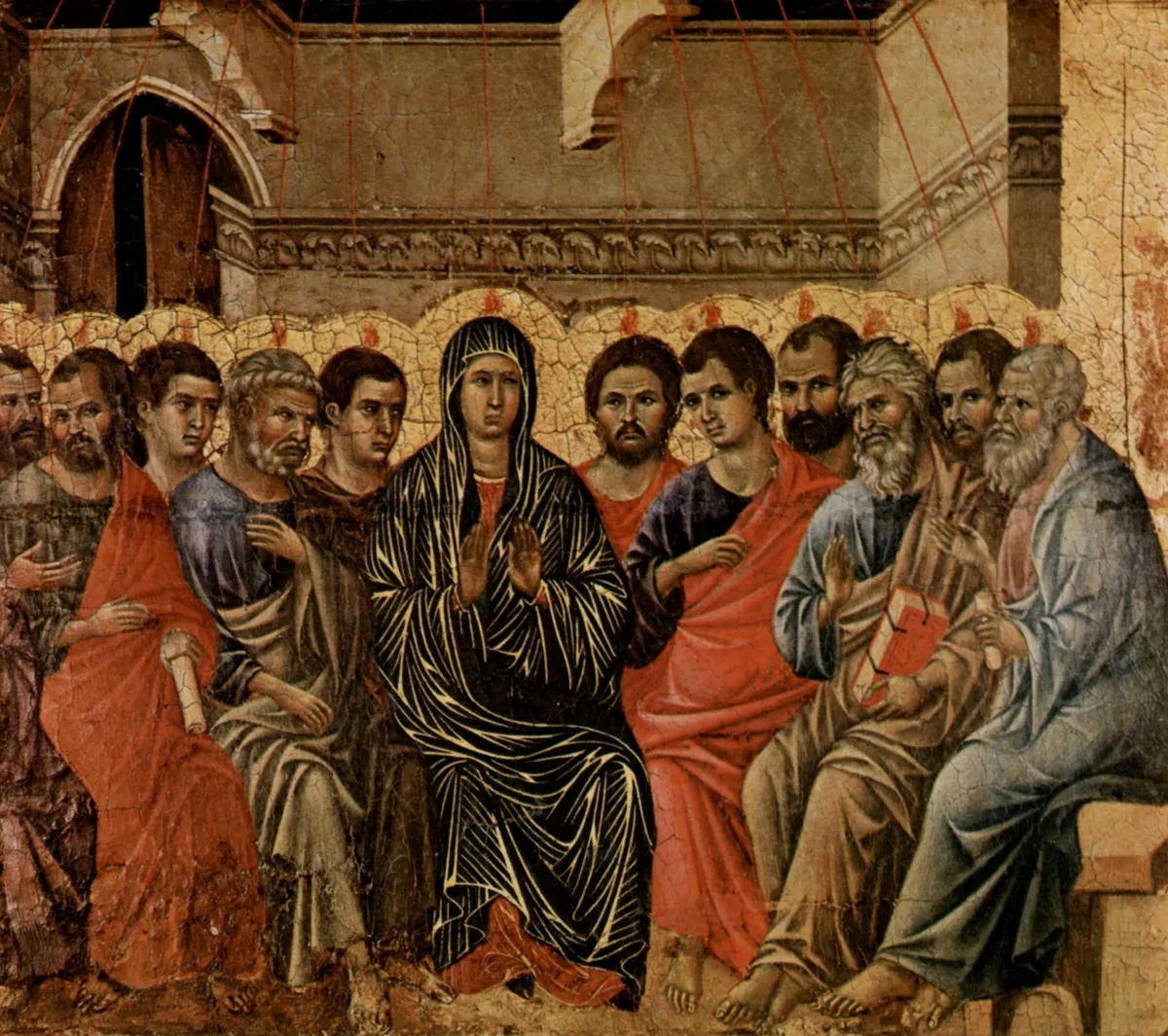 Pünkösd ábrázolása Duccio di Buoninsegna festményén (1308). 