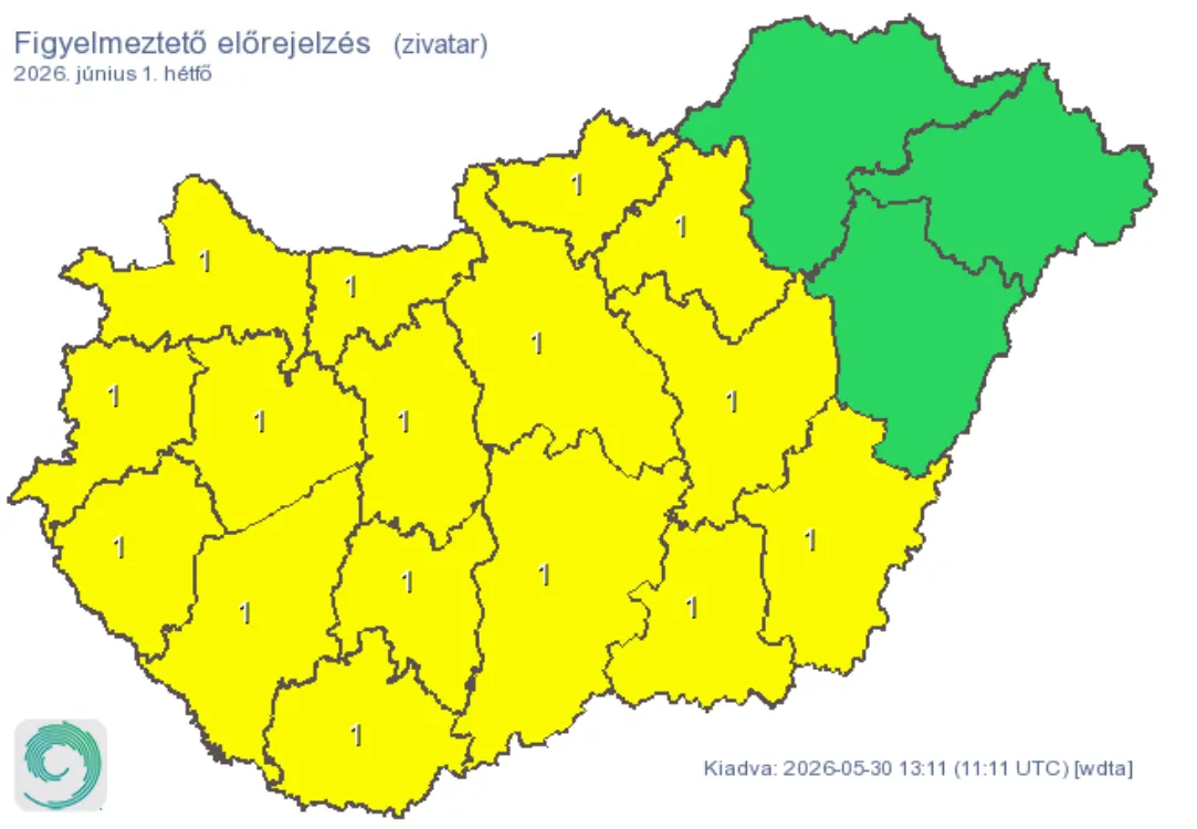 Az időjárás nem kímél: hétfőre szinte az egész országra citromsárga veszélyjelzést adott ki a met.hu zivatarok miatt