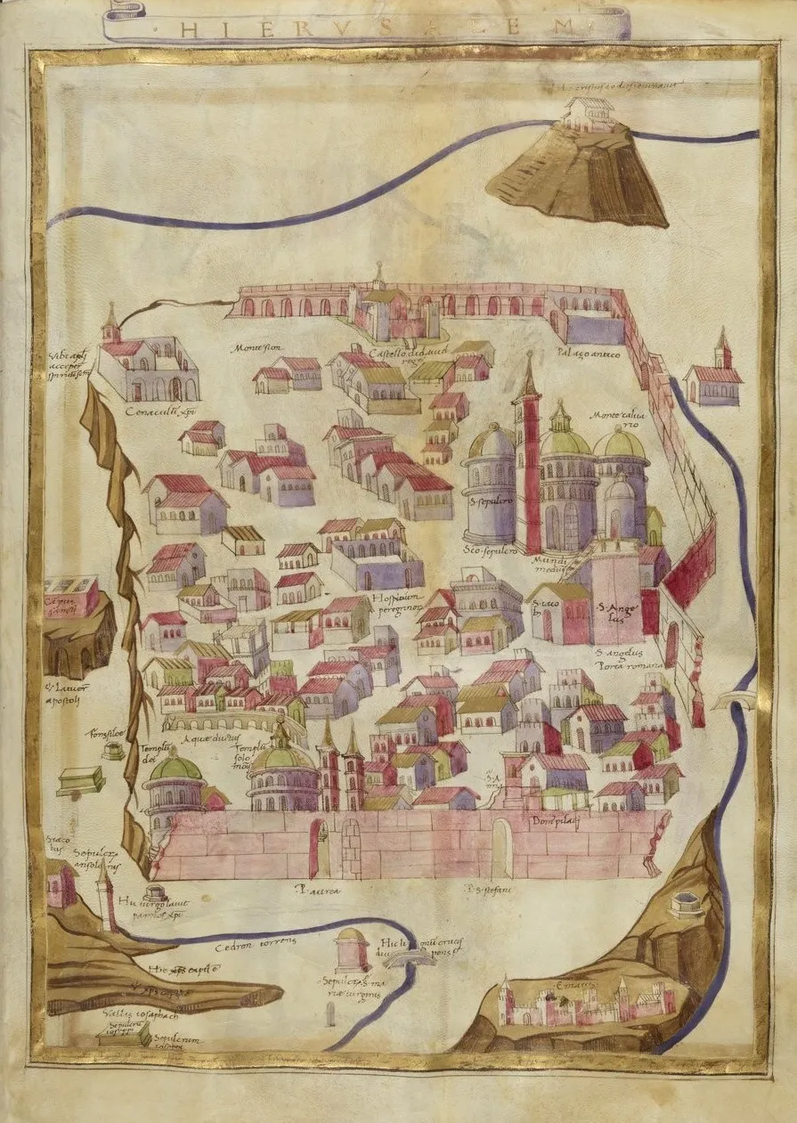 Egy 1472-es jeruzsálemi térkép a pünkösd helyszínéről.
