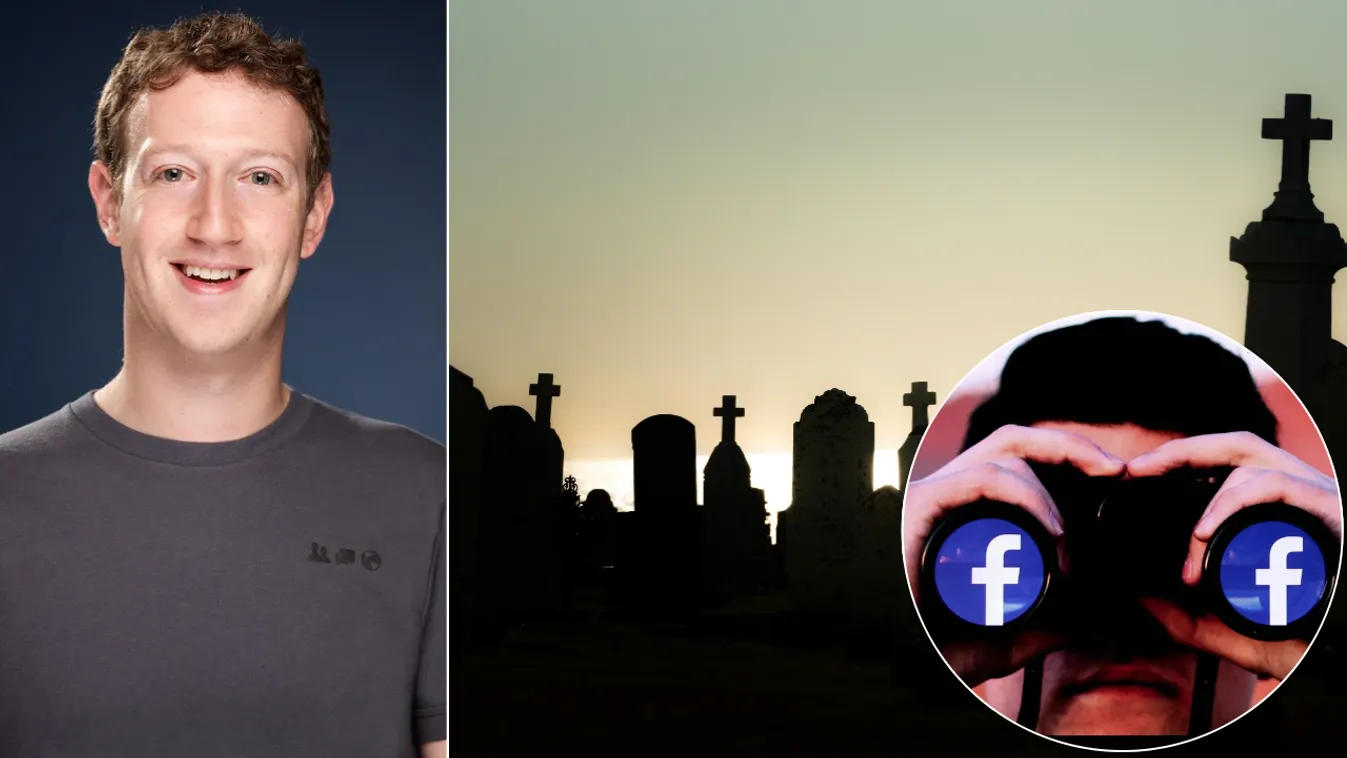 Mark Zuckerberg, egy temető, és a Facebook logója egy távcső lencséin, szimbolizálva a mesterséges intelligencia gyászfolyamatokban tervezett térnyerését