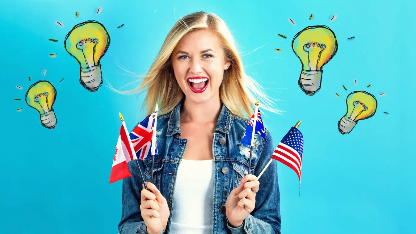 Kvízben szereplő kép egy fiatal szőke nőről angol, kanadai és amerikai zászlóval a kezében, a feje fölött kigyulladt villanykörték képeivel