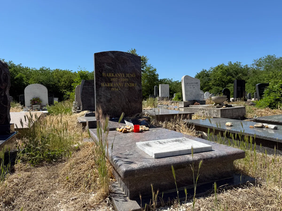 Harkányi Endre sírja sötét márványból készült, érdekesség, hogy halálának évszáma nem került fel a kőre.