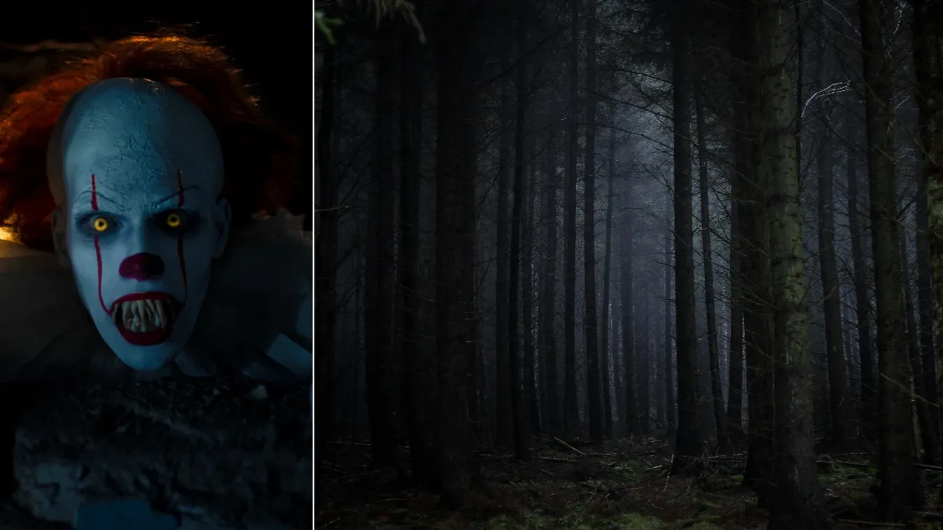 Pennywise démon karaktere és egy sötét erdő képe